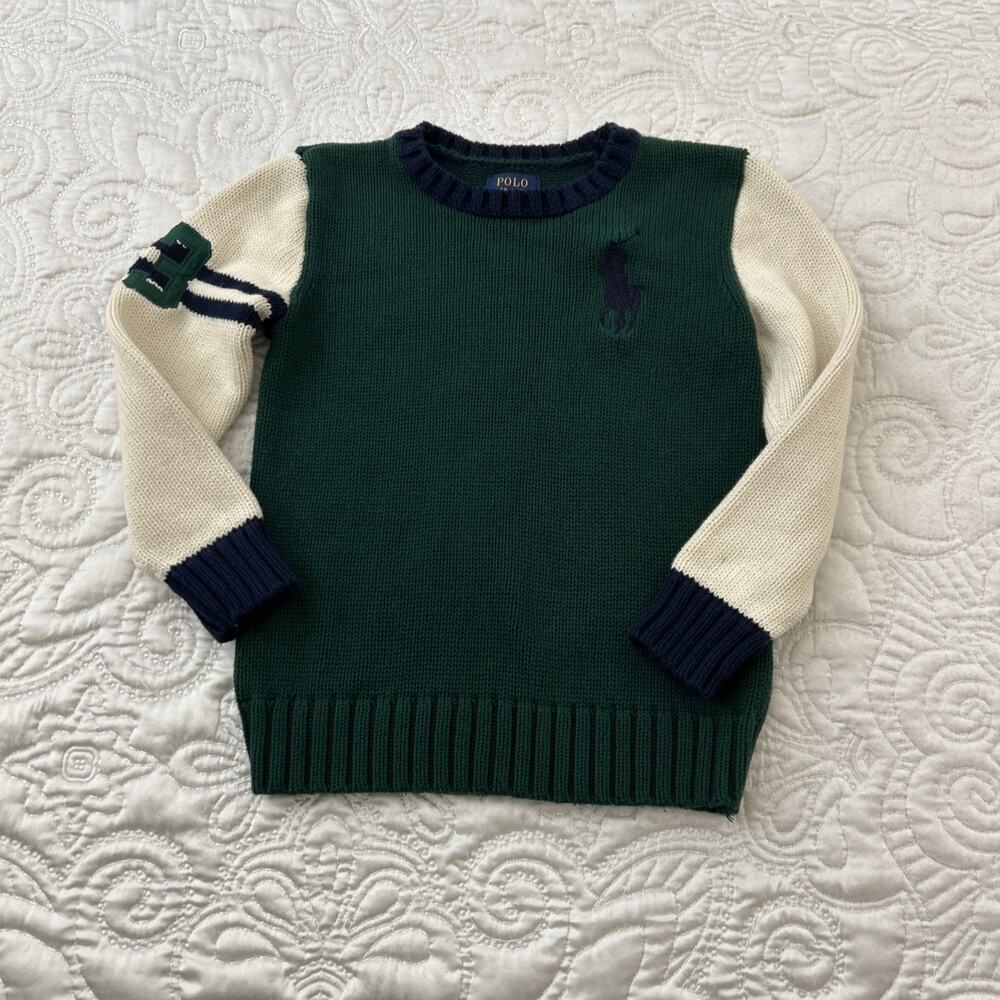 Polo Ralph Lauren Sweater Boys 7 Green Navy Knit Big Pony 3 Patch Crew Neck